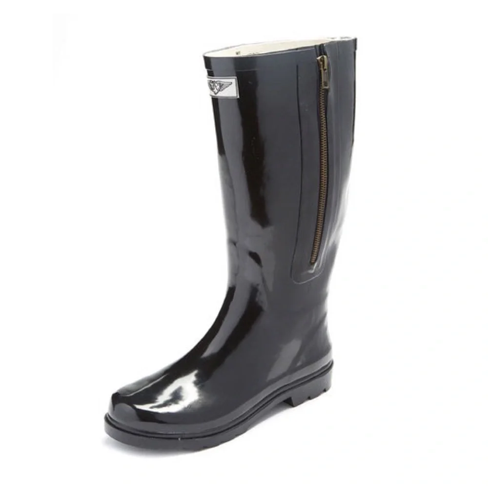 Women Rubber Rainboots w/ Side-Zipper Decor, Black Garden Rain Boots, NEW